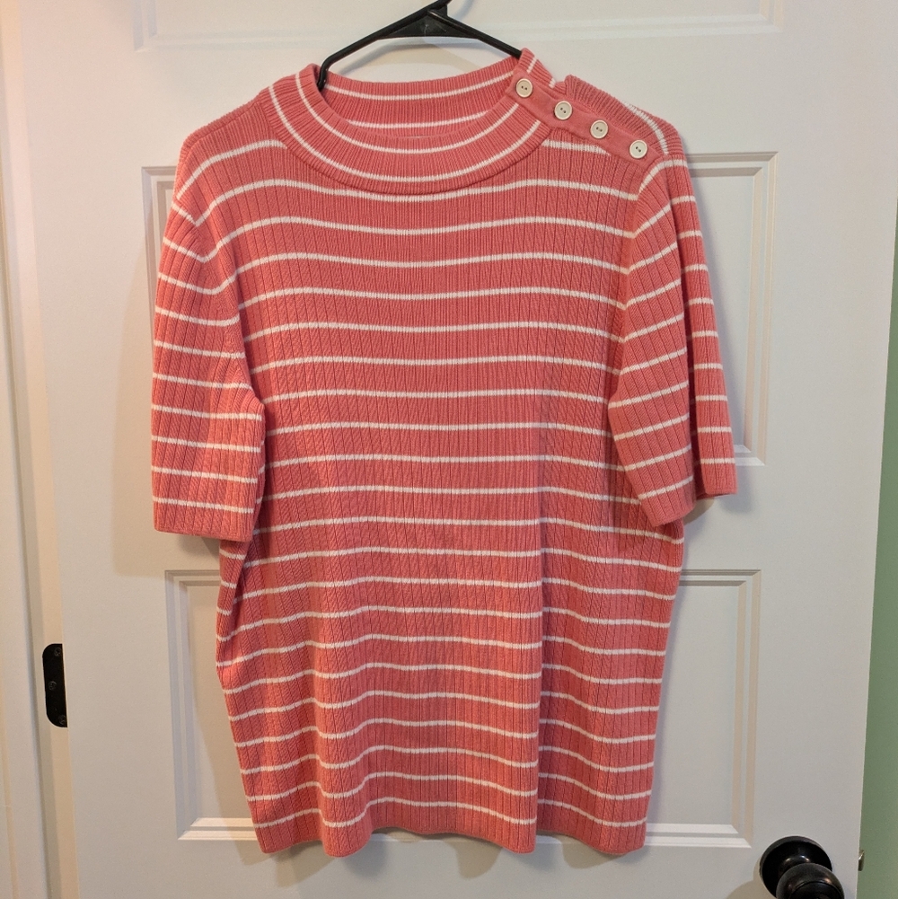🔴 3/$15 Talbots Striped Ribbed Knit Short Sleeve Top with Shoulder Buttons